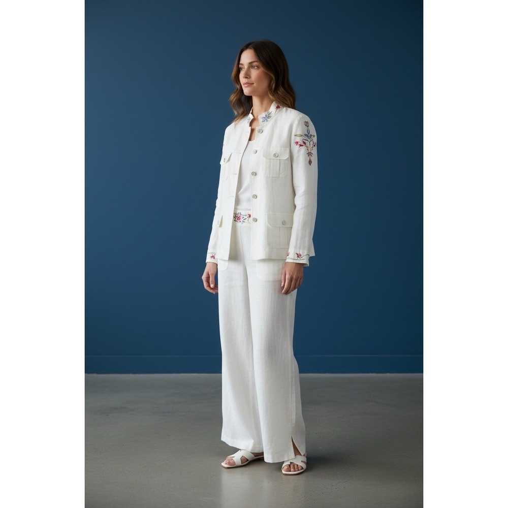 ESCADA 2PC Linen Set Long Safari Jacket + Pants Ivory White Embroidered EU 42 -L - Picture 4 of 16